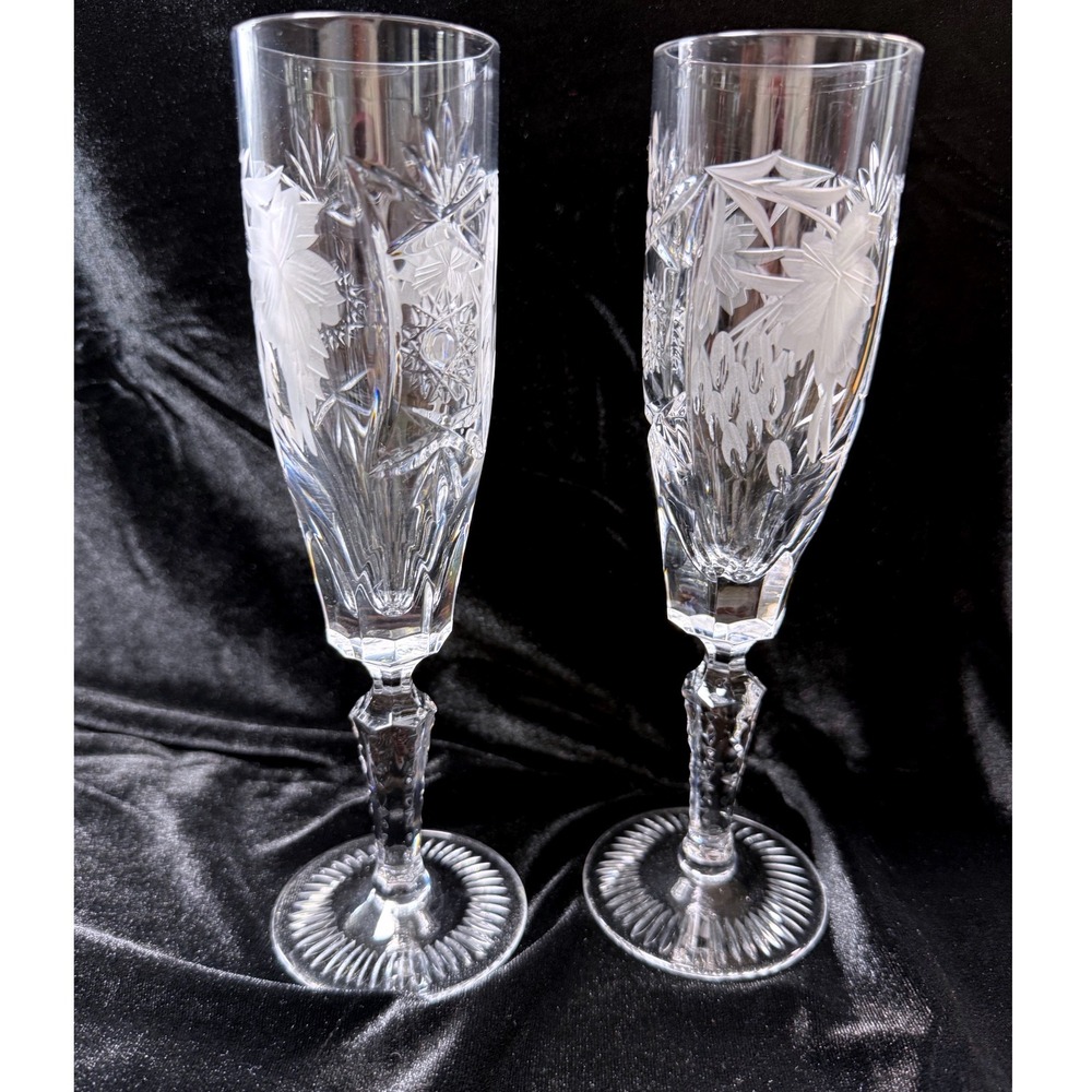 Vintage Frosted Floral Crystal Champagne Flutes Etched Starburst Stemware Set 2